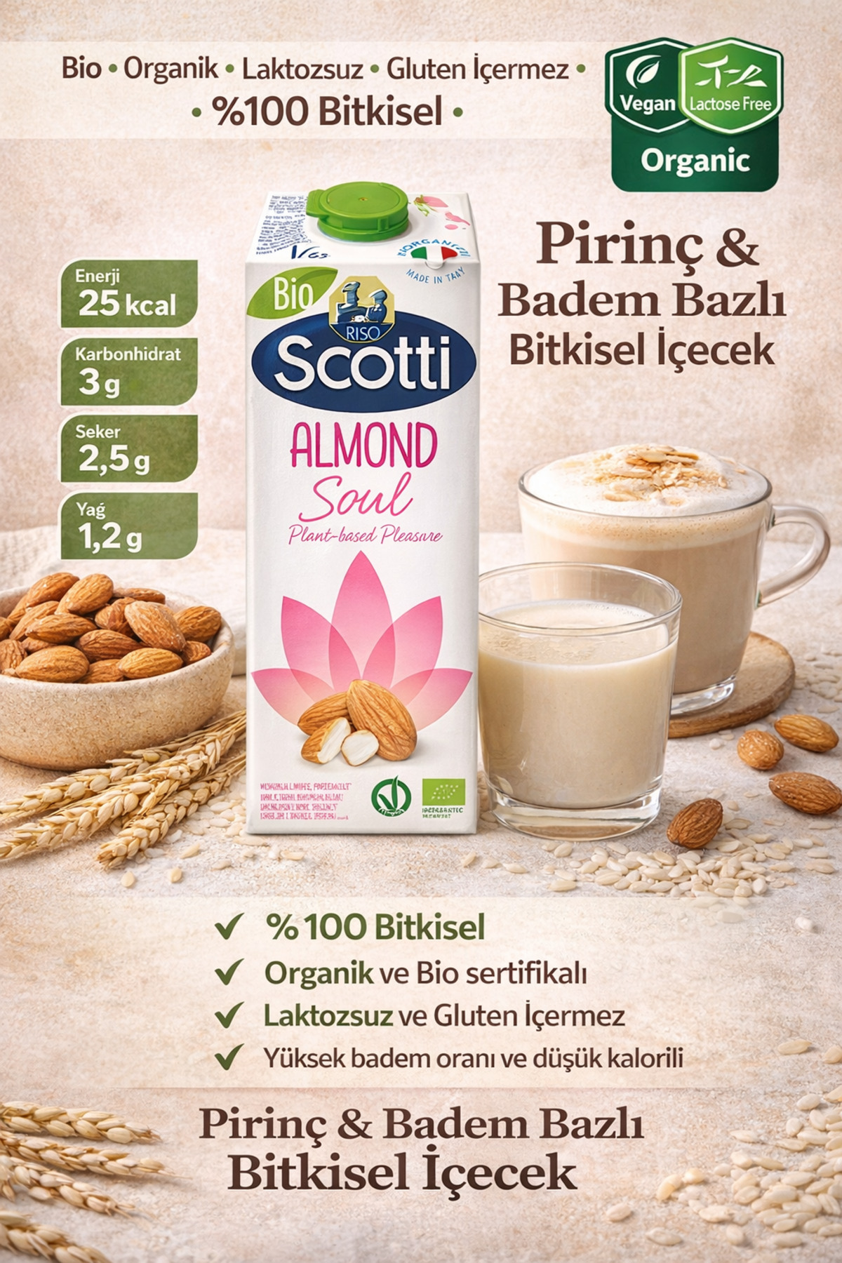 Almond Soul Bio Organik Badem & Pirinç Bazlı Bitkisel İçecek 1L